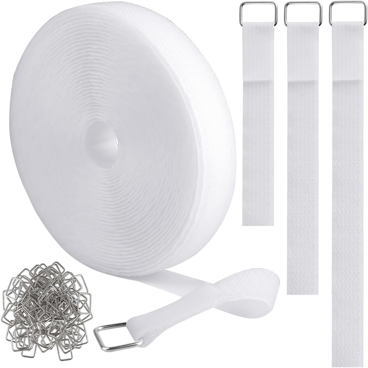 1"x32ft Hook and Loop Straps with 50 Metal Buckles, Adjustable Fastening Cable Straps, Cut-to-Length Cinch Strap, Reusable Nylon Securing Cord Ties for Organizer or Storage, 1 inch Wide, White-VerdiqueGarden