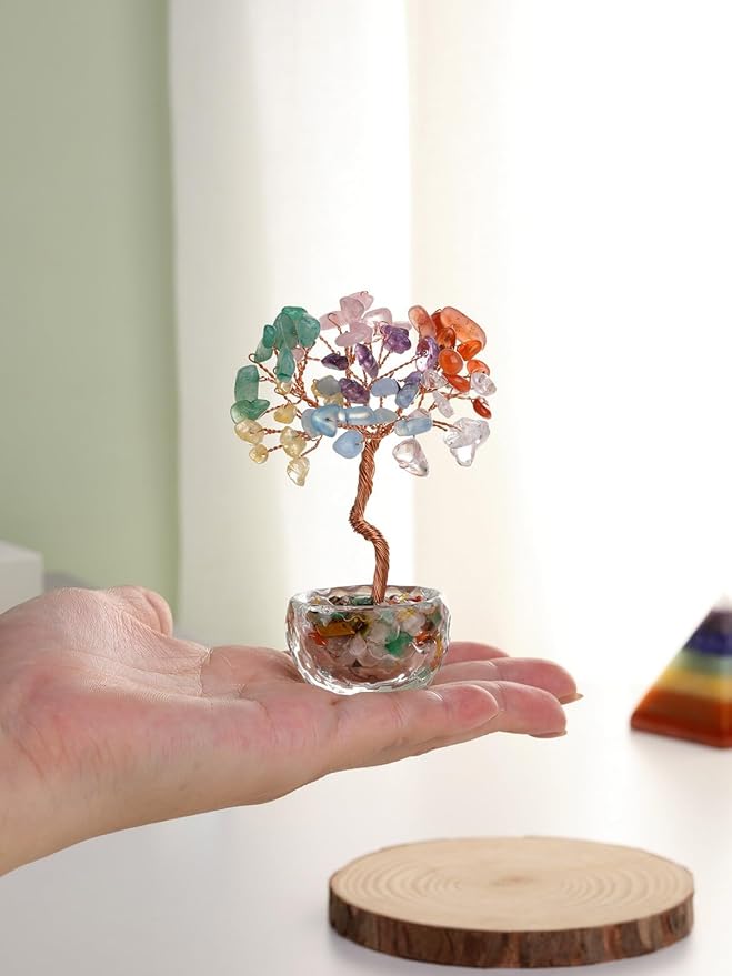 Jovivi Small 7 Chakra Crystals Tree, Natural Crystal Healing Stones Tree Glass Bowl Base Gemstone Money Trees Feng Shui Good Luck Home Desk Decor-VerdiqueGarden