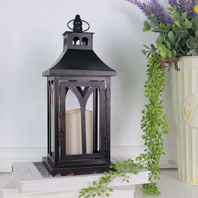 DECORKEY Decorations for Home, Decorative Led Candle Lantern Indoor Outdoor Decor, Metal Hanging Candle Holder with Xmas Teardrop Wreath and LED Candle for Table Centerpieces, Patio (Black)-VerdiqueGarden