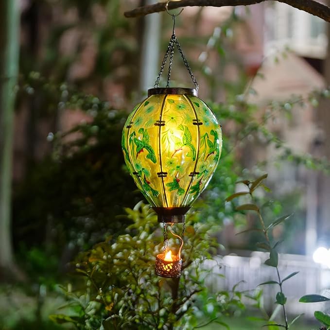 Starsoul Extra Large Solar Hot Air Balloon Lantern with Flame Hummingbird Glass Outdoor Hanging Hot Air Balloon Solar Light Waterproof Garden Patio Yard Party Decorations-VerdiqueGarden
