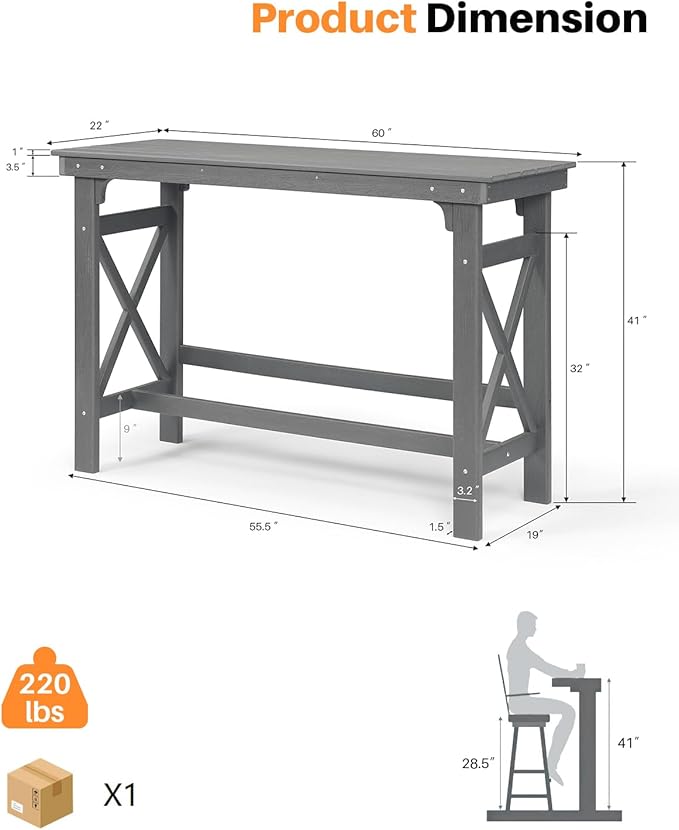 41" Outdoor Bar Table, HDPE Adirondack Outdoor Bar Table, All Weather Outside Bar Counter Height Tables Balcony Furniture, HDPE Patio Bar Tables for Bistro, Deck, Porch, Poolside, Smoke Gray-VerdiqueGarden