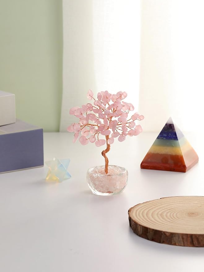 Jovivi Small Rose Quartz Crystal Tree, Natural Crystal Healing Stones Tree Glass Bowl Base Gemstone Money Trees Feng Shui Good Luck Home Desk Decor-VerdiqueGarden