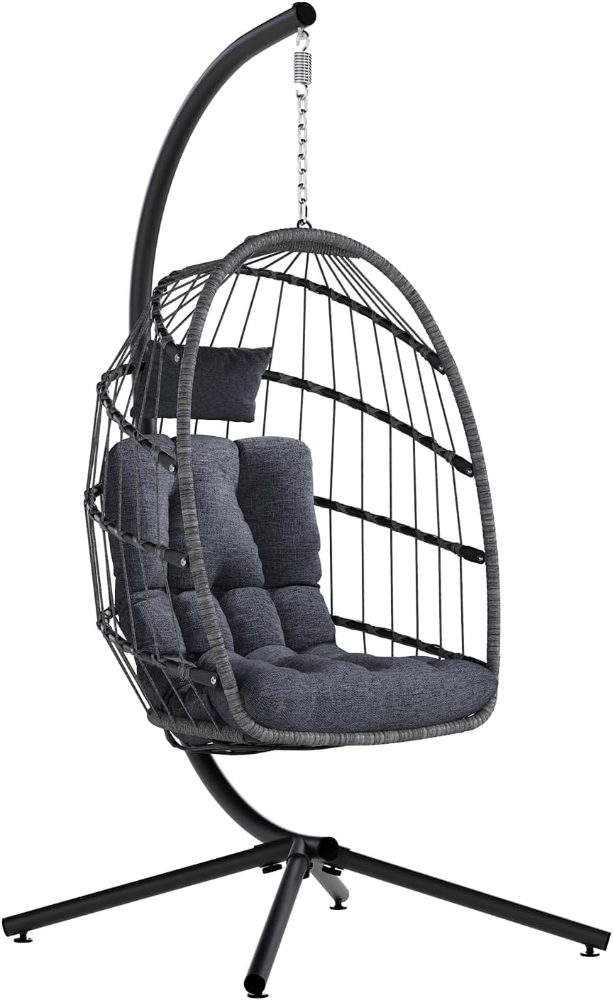 SWITTE Egg Chair Outdoor with Stand, Indoor Wicker Hanging Egg Swing Chair with Cushion, 350lbs Capacity for Patio, Bedroom, Garden - Dark Grey-VerdiqueGarden