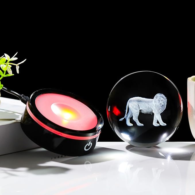YWHL 3D Crystal Ball Lion Figurine with LED Base, Lion Gifts for Men Women Lions Lovers on Christmas Birthday, Lions Ornament Glass Sphere Decorative Ball for Home Decor (80mm)-VerdiqueGarden