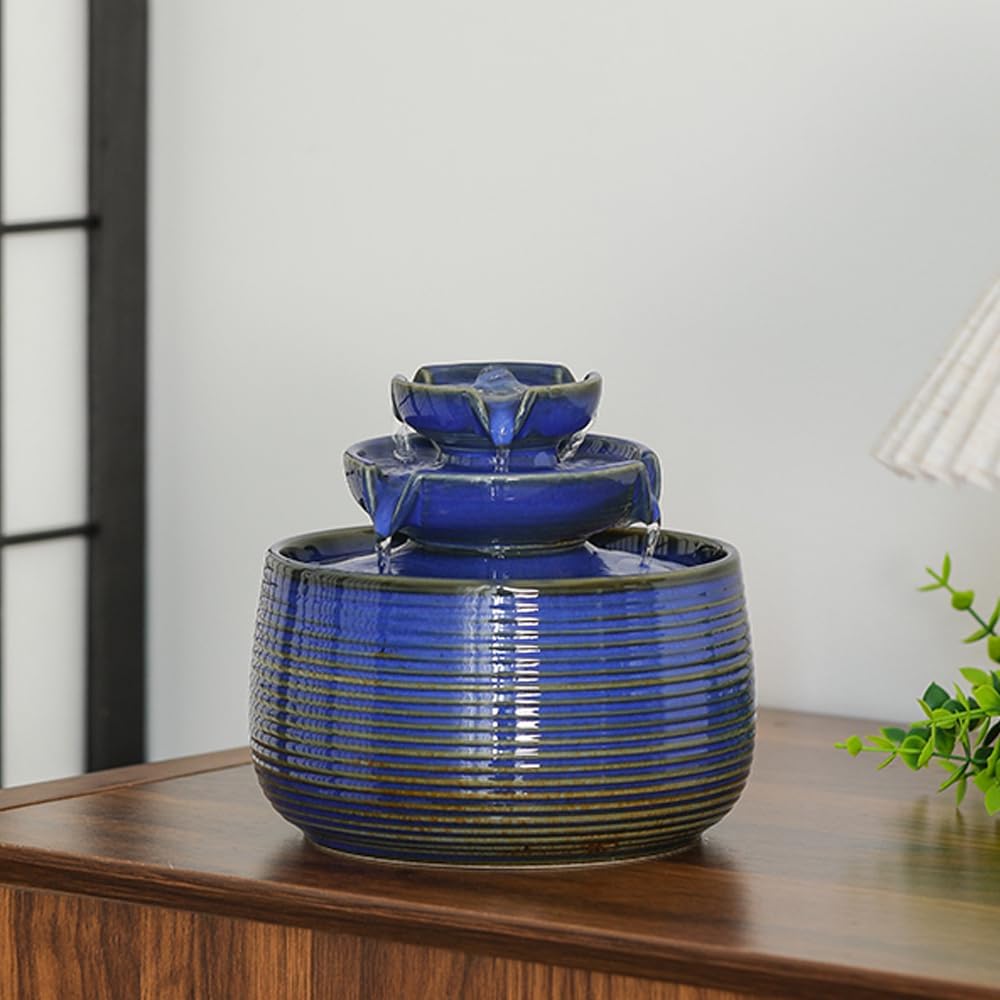 Outdoor and Indoor Water Feature Fountain Waterfall Tabletop Desktop mini Ceramic Garden Fountain (Blue A171)-VerdiqueGarden