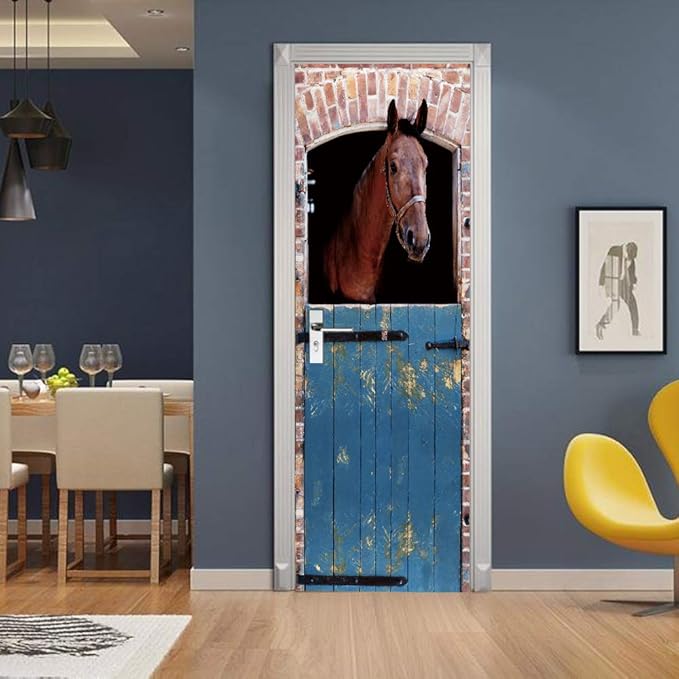 Horse 3D Door Stickers Murals - Peel & Stick - Waterproof & Washable - Matt Finish - Rustic Brown - Animal Pattern - Rectangular - Adults - All Seasons - Door & Wall - 34.6" x 78.7"-VerdiqueGarden