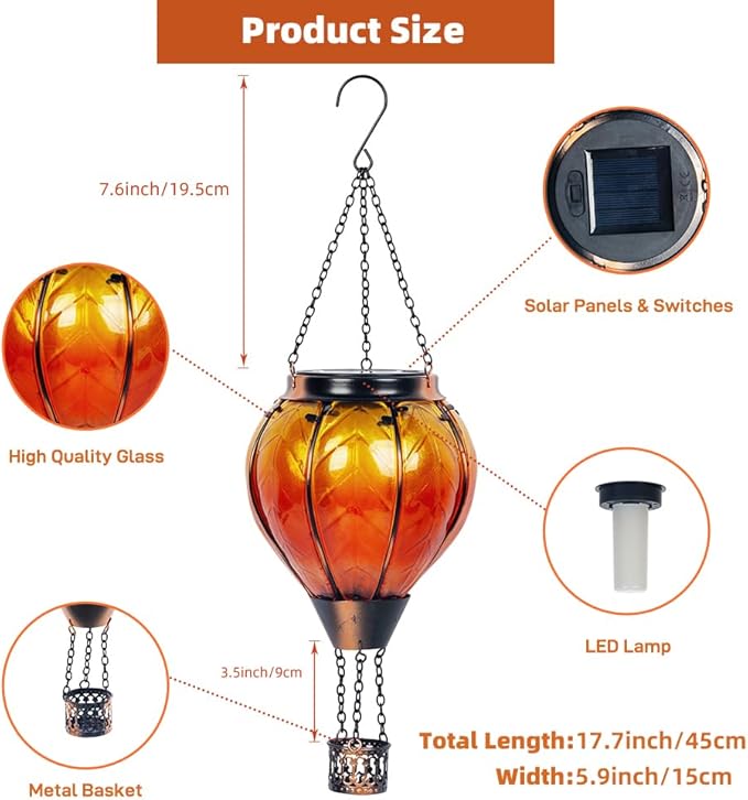 Starsoul Orange Solar Hot Air Balloon Lantern Glass Hot Air Balloon Solar Lantern with Flickering Flame Light Outdoor Solar Hanging Lights Waterproof for Garden Yard Patio-VerdiqueGarden