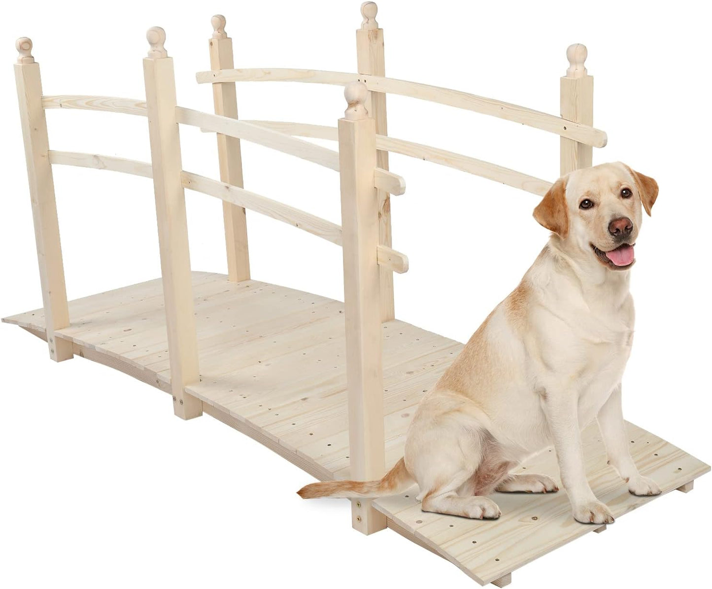 VINGLI 7.5 ft Garden Bridge, Arch Walkway Wooden Bridge with Safety Rails Natural Finished, Decorative Landscaping Footbridge for Koi Pond, Dry Creek Bed, Garden Pathway or Japanese Zen Decor-VerdiqueGarden