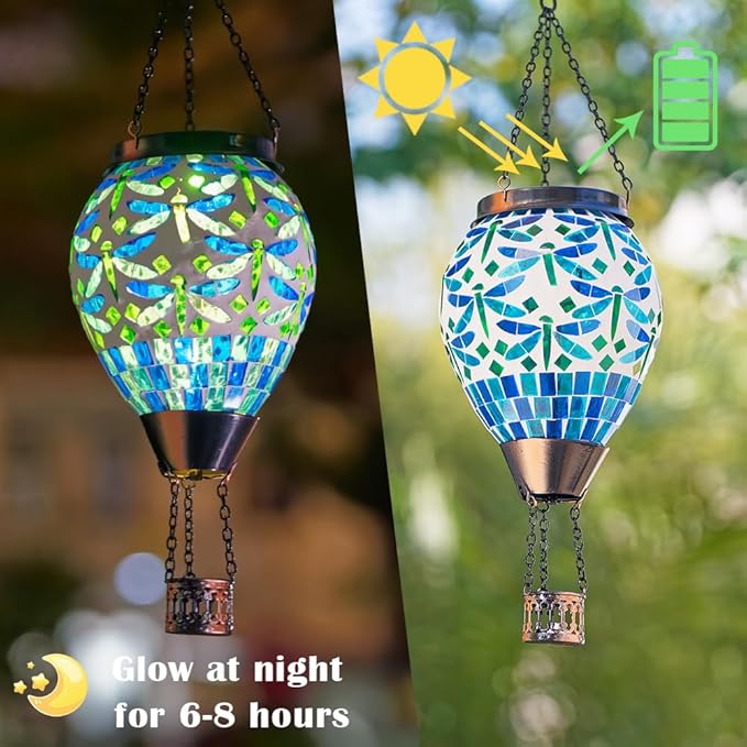 Starsoul Mosaic Dragonfly Hot Air Balloon Solar Lantern Glass Outdoor Hanging Hot Air Balloon Solar Flickering Flame Light Waterproof Garden Patio Yard Party Decorations-VerdiqueGarden