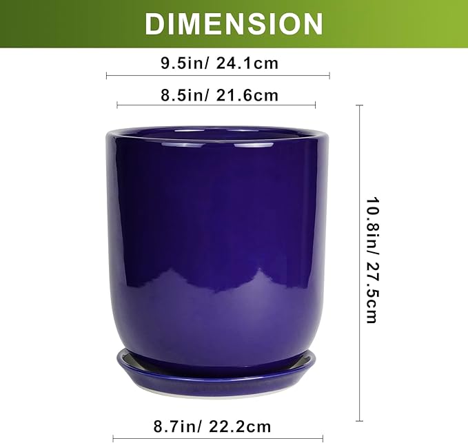 10 Inch Plant Pot - Ceramic Pot for Indoor Plants Large Planter Modern Outdoor Flower Pot with Drainage Hole and Saucer for Home Patio Decor Blue-VerdiqueGarden