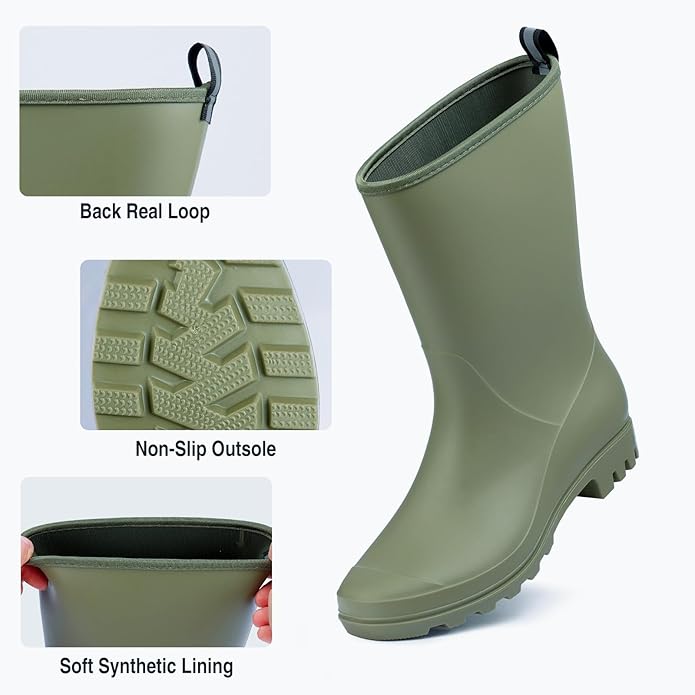 Mid Calf Rain Boots Women Waterproof PVC Womens Rubber Rain Boot Seamless Rain Footwear Outdoor Garden Work Walking-VerdiqueGarden