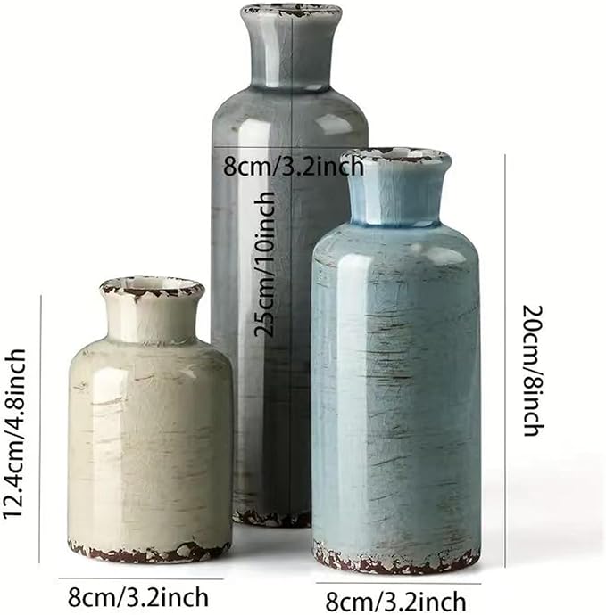 Ceramic Vase Set of 3,Small Rustic Vintage Decorative Vase for Home Decor,Modern Farmhouse Vases for Living Room,Table Shelf,Centerpieces,Fireplace and Entrance Decorative-Multicolor-VerdiqueGarden