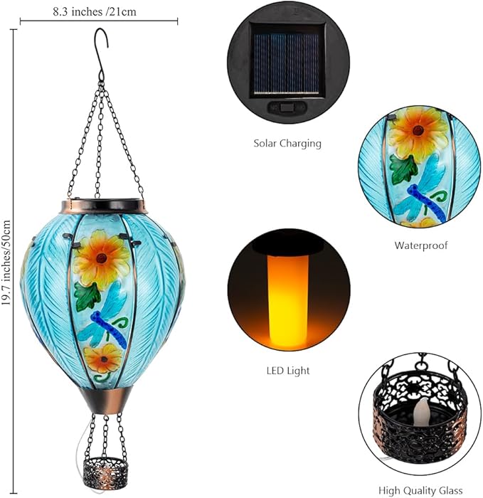 Starsoul Large Solar Hot Air Balloon Lantern with Flame Dragonfly Glass Hanging Outdoor Hot Air Balloon Solar Light Waterproof Garden Patio Yard Party Decorations-VerdiqueGarden