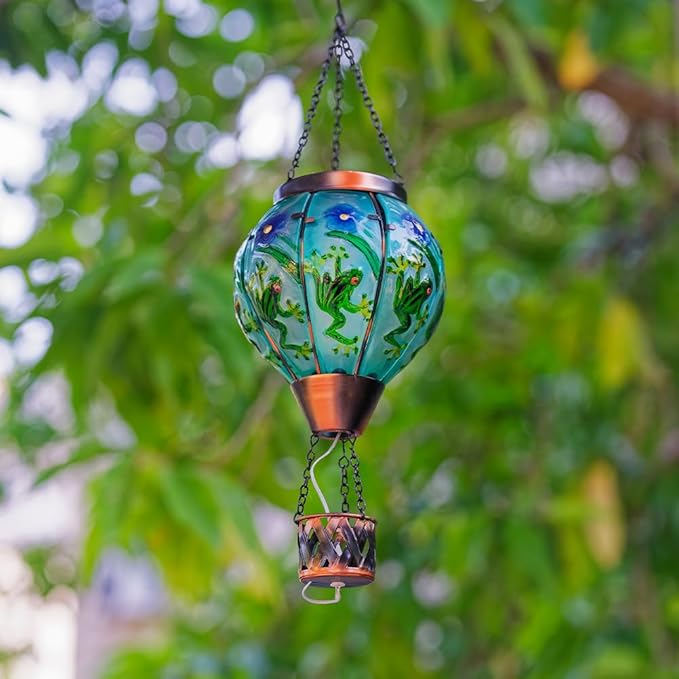 Starsoul Frog Hot Air Balloon Solar Lantern with Candle Holder Glass Outdoor Solar Hot Air Balloon Flickering Flame Lamp Hanging Garden Light Waterproof for Lawn Porch Tree Yard Decorations-VerdiqueGarden