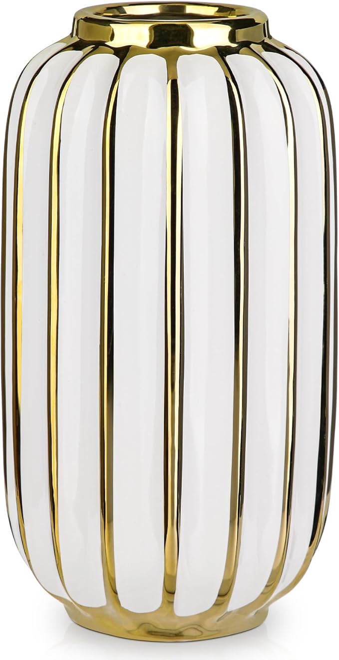 Briful Gold Plated Lantern Ceramic Vase Home Decor Creative Design Porcelain Decorative Flower Vase 11.02'' White Ceramic Vases for Wedding Anniversary Decoration-VerdiqueGarden