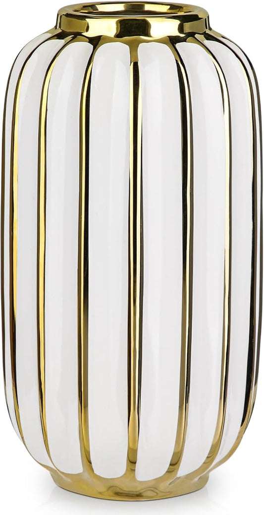 Briful Gold Plated Lantern Ceramic Vase Home Decor Creative Design Porcelain Decorative Flower Vase 11.02'' White Ceramic Vases for Wedding Anniversary Decoration-VerdiqueGarden