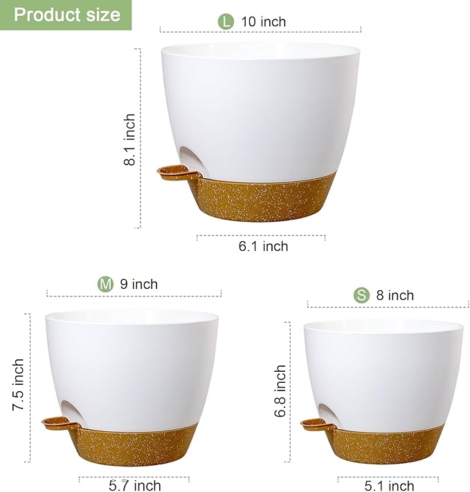 10/9/8 inch Medium Self Watering Pots, Planter, Plant Pots with Mesh Drainage Holes for Indoor Outdoor Garden Plants, Plastic Flower Pots with Removable Deep Reservoir, White with Brown-VerdiqueGarden