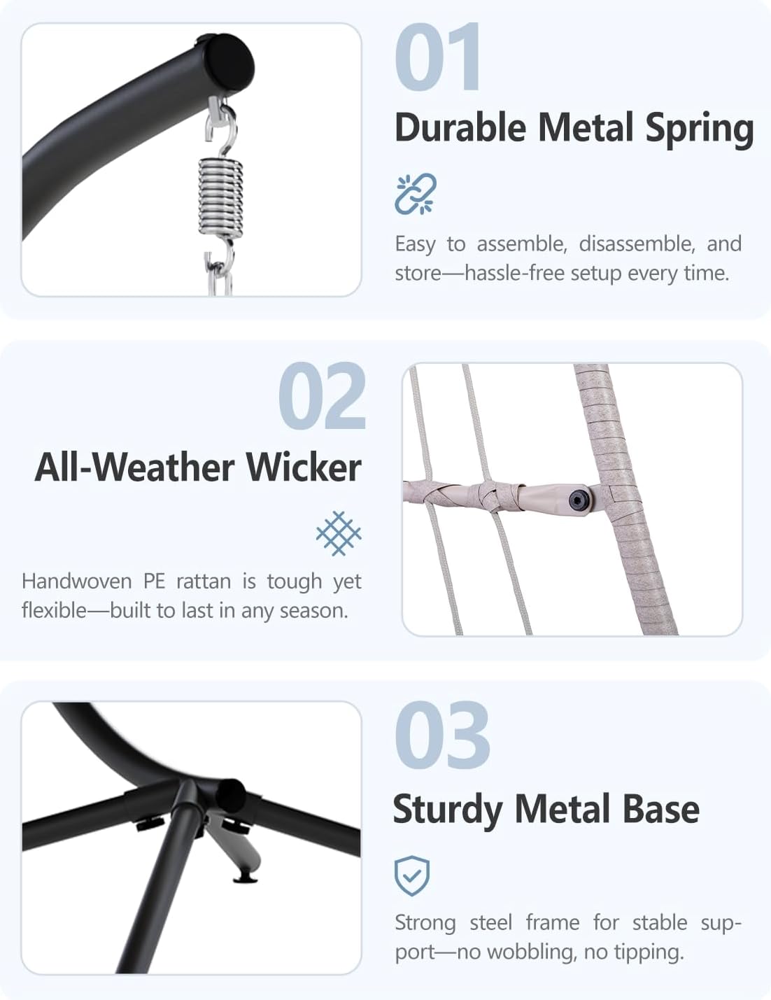 SWITTE Egg Chair Outdoor with Stand, Indoor Wicker Hanging Egg Swing Chair with Cushion, 350lbs Capacity for Patio, Bedroom, Garden - Light Blue-VerdiqueGarden