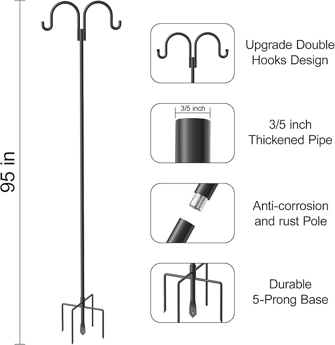 Highpro Double Shepherd Hooks for Outdoor, 95 Inch Heavy Duty Bird Feeder Pole for Hanging Bird Feeder, Garden Hooks Plant Baskets, Garden Plant Hanger Stands with 5 Prong Base-VerdiqueGarden