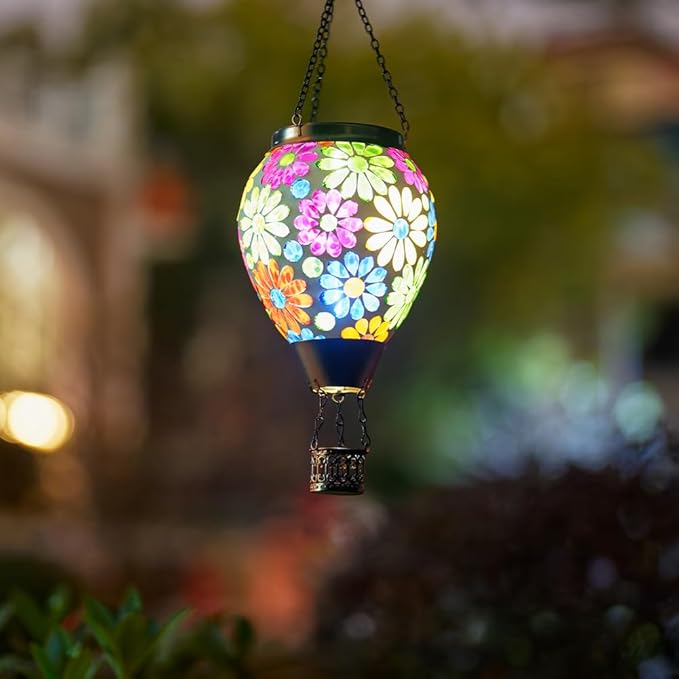 Starsoul Mosaic Flowers Hot Air Balloon Solar Lantern Glass Outdoor Hanging Hot Air Balloon Solar Flickering Flame Light Waterproof Garden Patio Yard Party Decorations-VerdiqueGarden