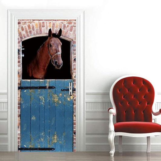Horse 3D Door Stickers Murals - Peel & Stick - Waterproof & Washable - Matt Finish - Rustic Brown - Animal Pattern - Rectangular - All Seasons - Adults - Door & Wall - 37.4" x 78.7" - 2 Pieces-VerdiqueGarden
