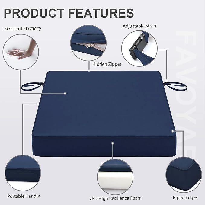 Favoyard Patio Chair Cushions 24 x 24 x 4 Inch Waterproof Outdoor Seat Cushions for Patio Furniture 3-Year Color Fastness Garden Sofa Couch Pads with Handle & Adjustable Straps Set of 2, Blue-VerdiqueGarden