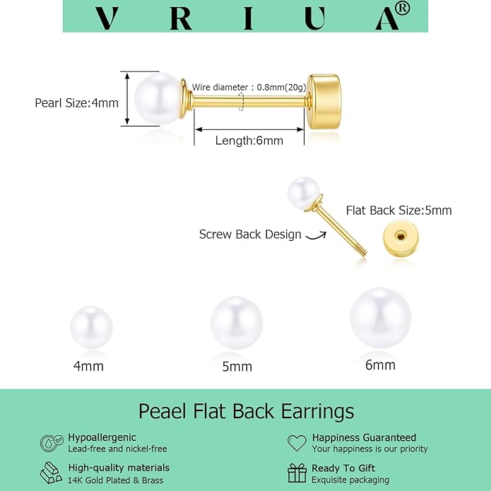 VRIUA 20G Tiny Flat Back Earrings for Women - 14K Gold/Silver Plated Small Flat Back Stud Earrings Hypoallergenic Cartilage Helix Piercing Jewelry