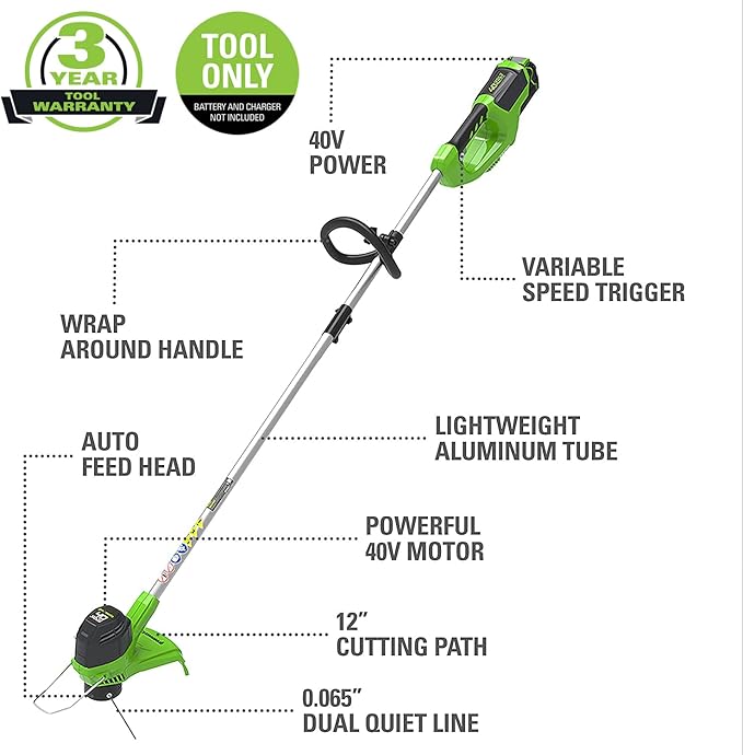 Greenworks 40V 12-Inch Cordless String Trimmer, Battery and Charger Not Included, BST4000-VerdiqueGarden