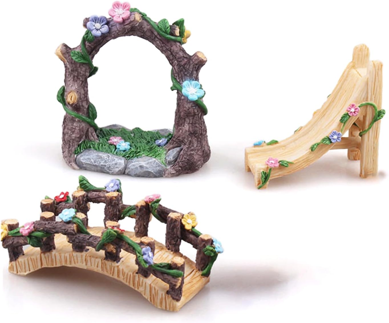 Kai Dream Miniature Fairy Garden Accessories Set, 3 Piece Resin Decorative Landscape Kit with Arch, Bridge and Slide, Floral Garden Ornaments-VerdiqueGarden