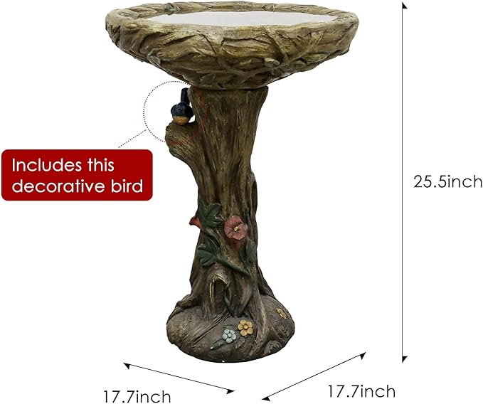 SunJet 25.5 Inch Heigh Wood-Look Concrete Bird Bath with Decorative Faux Bird – birdbath Rustic & Long-Lasting Design, Enhances Garden, Patio, Yard, Lawn Décor-VerdiqueGarden
