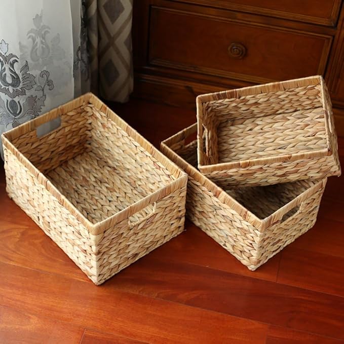 Basket Box Woven Natural Water hyacinth Rectangular with Handle,Kingwillow.(Small)-VerdiqueGarden