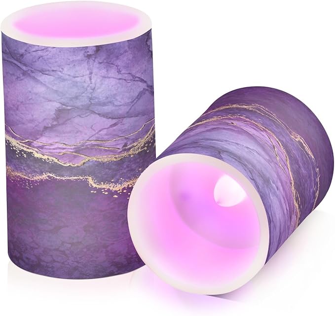 Flickering Flameless Candles, Purple Marble with Golden Veins LED Candles with Remote Timer, Set of 2 Battery Operated Candle for Valentine Wedding Birthday-VerdiqueGarden
