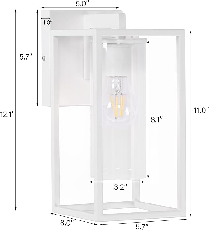 Pia Ricco Outdoor Wall Lights, Outdoor Wall Lantern with Circular Clear Glass Shade, Waterproof Exterior Lighting Fixtures, Modern Front Porch Lighting for House, Garage, E26 Base, ETL Listed, White-VerdiqueGarden