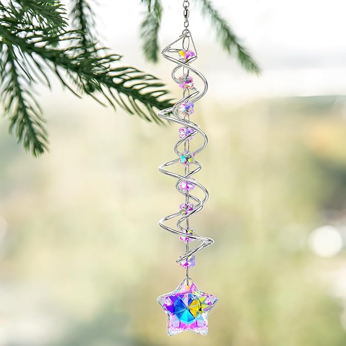 H&D HYALINE & DORA 21inch Crystal Suncatcher for Window Hanging Double-Spiral Design Gazing Ball Spiral Tail Wind Spinners Sun Catchers Rainbow Maker Indoor Outdoor Christmas Decoration-VerdiqueGarden