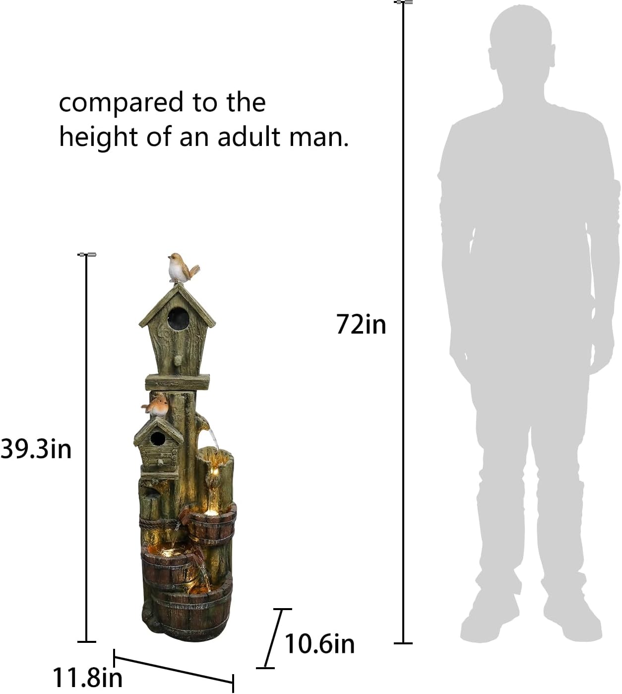 Outdoor Water Fountain with Birdhouse, 39.3inches Rustic Outdoor Water Fountains - Outdoor Cascading Waterfall with Decorative Birds & Buckets, Pump & Lights for Backyard Patio Decor-VerdiqueGarden