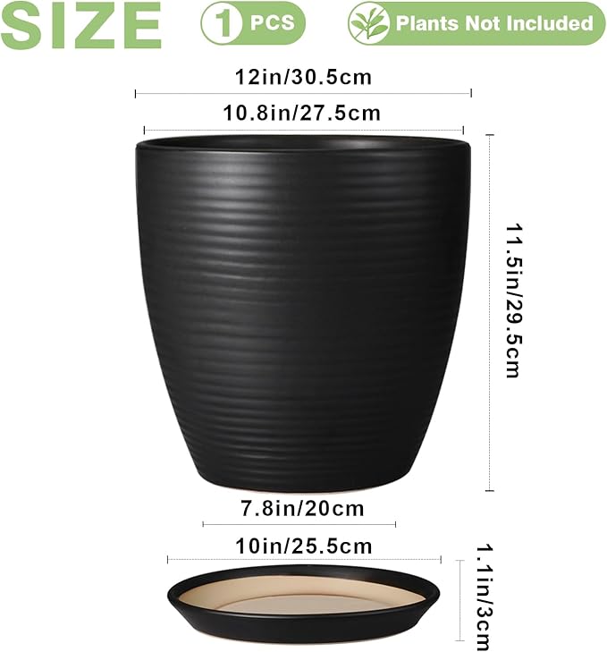 12 Inch Pots for Plants - Ceramic Planter Pot, Large Flower Pot with Drainage Hole and Saucer for Home Patio Garden Office Indoor Outdoor, Black-VerdiqueGarden