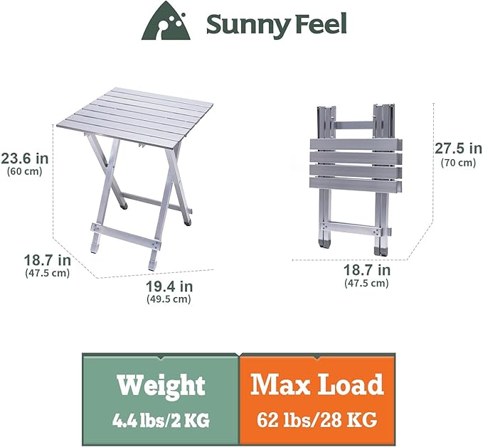SUNNYFEEL Folding Camping Table - Lightweight Aluminum Portable Picnic Table, 18.5x18.5x24.5 Inch for Cooking, Beach, Hiking, Travel, Fishing, BBQ, Indoor Outdoor Small Foldable Camp Tables-VerdiqueGarden