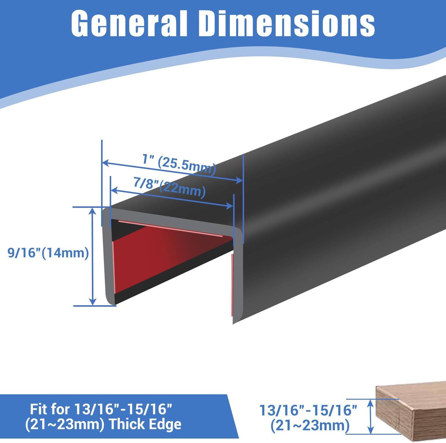 Rubber Edge Trim, Self-Adhesive U Channel Edge Protector for Plywood, Cabinet, 7/8" Wood Edge Banding, Flexible Furniture Repair, EPDM Material, Fit 7/8"(22mm), Length 10Ft, Black-VerdiqueGarden