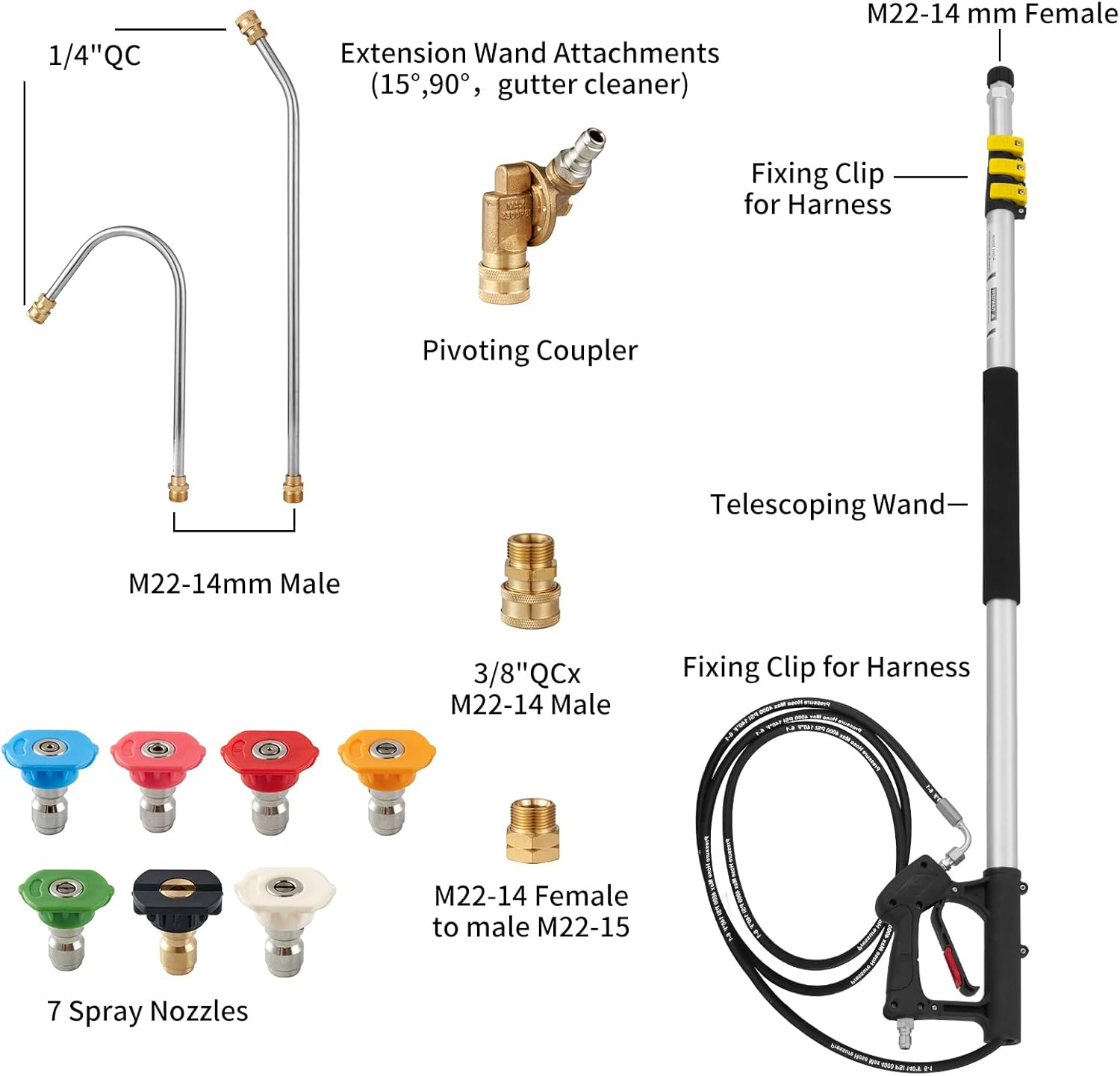18 FT Telescoping Pressure Washer Wand with Power Washer Extension Wand, Gutter Cleaner Attachment, 5 Spray Nozzle Tips and 2 Hose Inlet Adapters-VerdiqueGarden