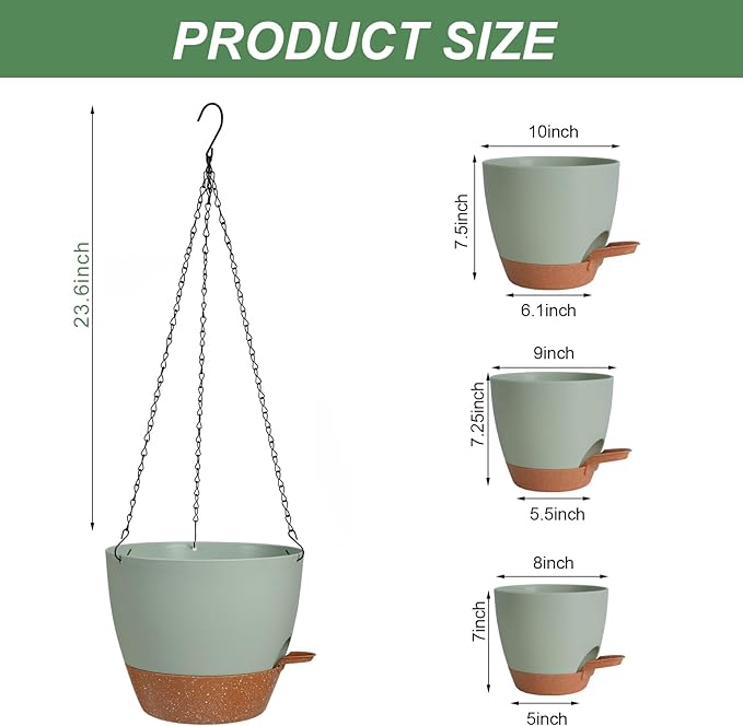 10/9/8 Inch Hanging Planter for Indoor Outdoor Plants, 3 Pack Self-Watering Hanging Pot with Drainage Holes Hanging Planter Baskets Plant Pots with Removable Tray (Green+Brown)-VerdiqueGarden