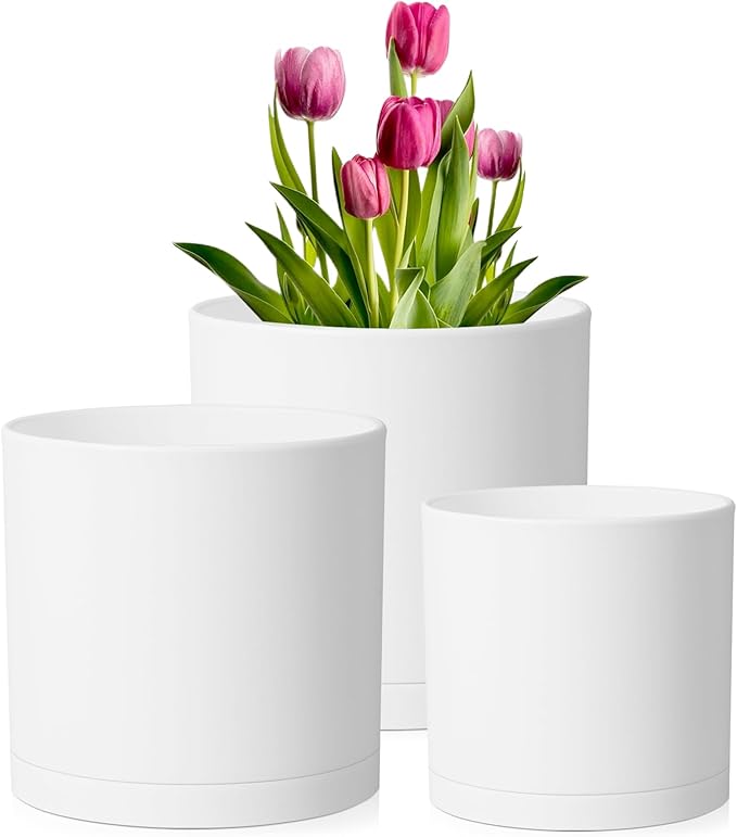 10/8/6 inch Deep Flower Pots, 3 Pack Cylinder Tall Plant Pots for Outdoor Indoor Plants, Large Decorative Plastic Planters with Drainage Holes and Saucers for Garden House Plants, White-VerdiqueGarden