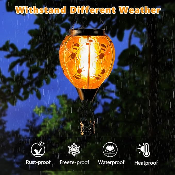 Starsoul Hot Air Balloon Solar Lantern Bee Glass Hanging Outdoor Hot Air Balloon Solar Flickering Flame Light Waterproof Garden Patio Yard Party Decorations-VerdiqueGarden