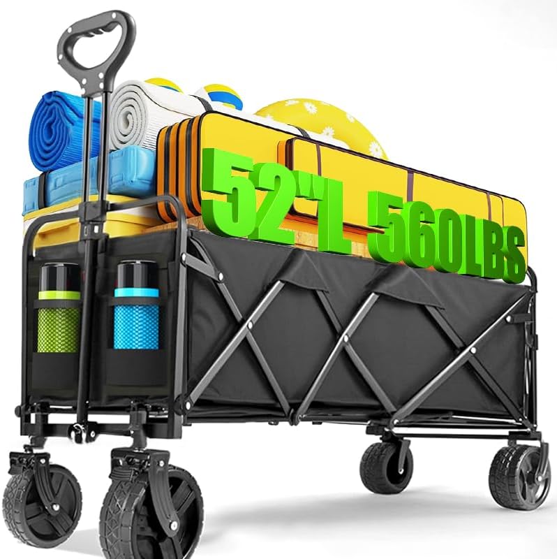 52" L Collapsible Wagon Cart Foldable, 300L 560lbs Weight Capacity, Heavy Duty Beach Wagon with Big Wheels, Shopping Carts for Grocery, Camping, Shopping, Beach, Garden Cart-VerdiqueGarden