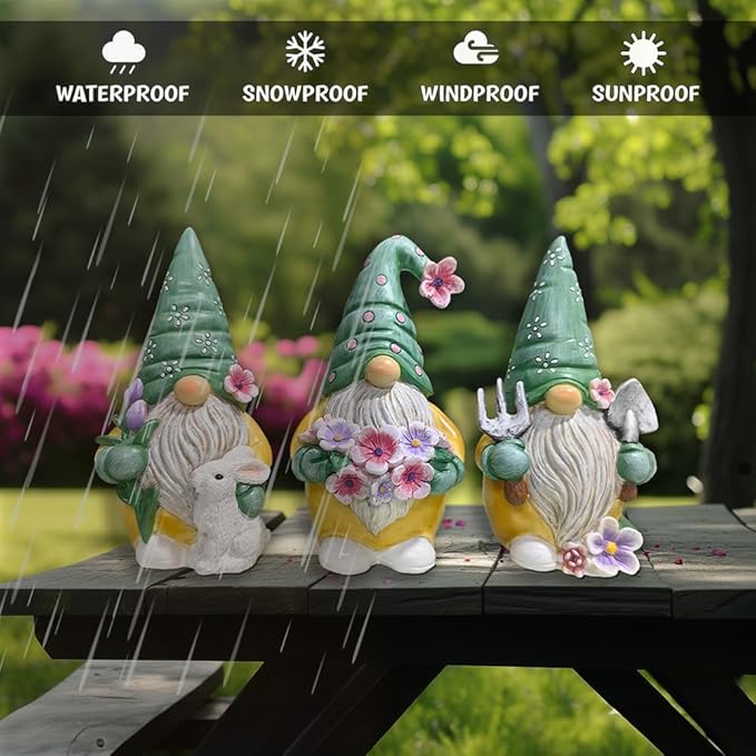 Garden Guardians Set of Three 6" Gardening Gnome Figurines, Floral Green and Yellow Statue Decor-VerdiqueGarden