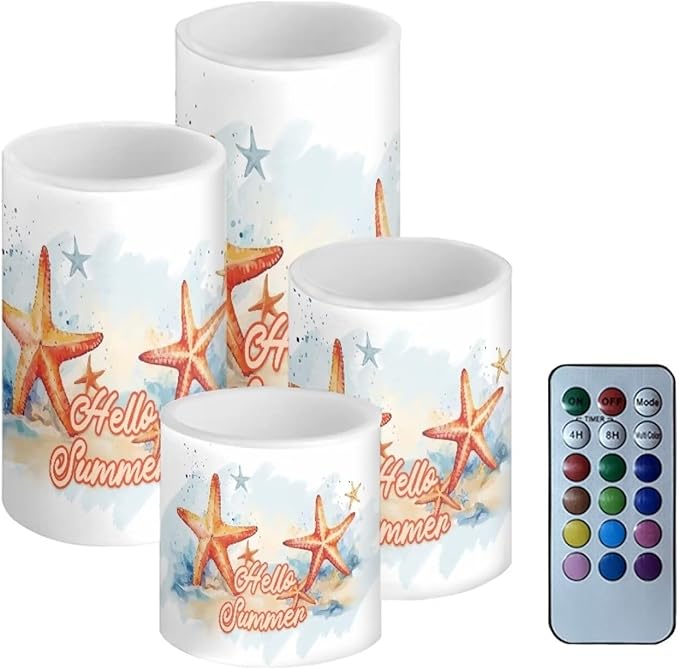 Flameless LED Candles Electric Candles with Remote Timer Control Color Changing Long Lasting Tealights Fake Candles Set of 4, Beach Themed Home Decoration, Starfish Hello Summer-VerdiqueGarden