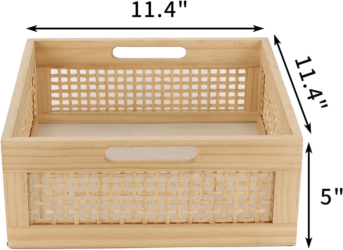 YRMT Wood Storage Crate Basket Rustic Wooden Storage Container for Organizing Decorative Bamboo Box with Handles for Pantry, Shelves Organizer 11.4" x 11.4" x 5" (Natural)-VerdiqueGarden