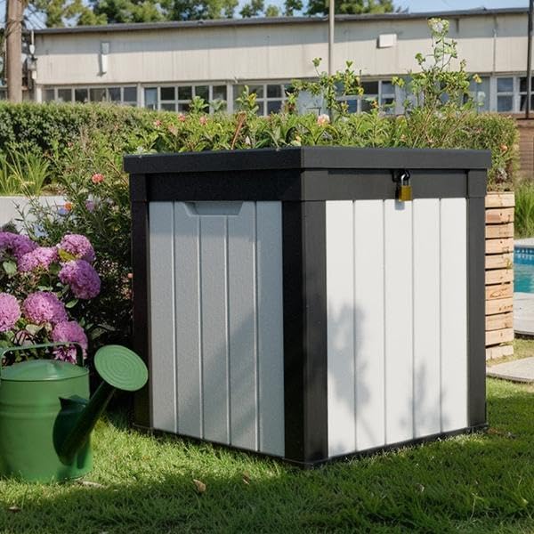 50-Gallon Outdoor Deck Box,Storage Lockable Waterproof Patio Furniture,Garden Tools,Cushions,Pool Accessories Outside Storage Resin Box(Black and White)-VerdiqueGarden