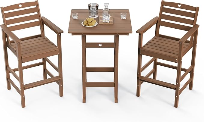 3-Piece Bar Height Patio Table and Chairs Set, HDPE Wood Grain Outdoor Bar Table and Chairs with Heart Cutout Design, Weather-Resistant Bar Height Furniture for Deck, Porch, Pool (Teak)-VerdiqueGarden