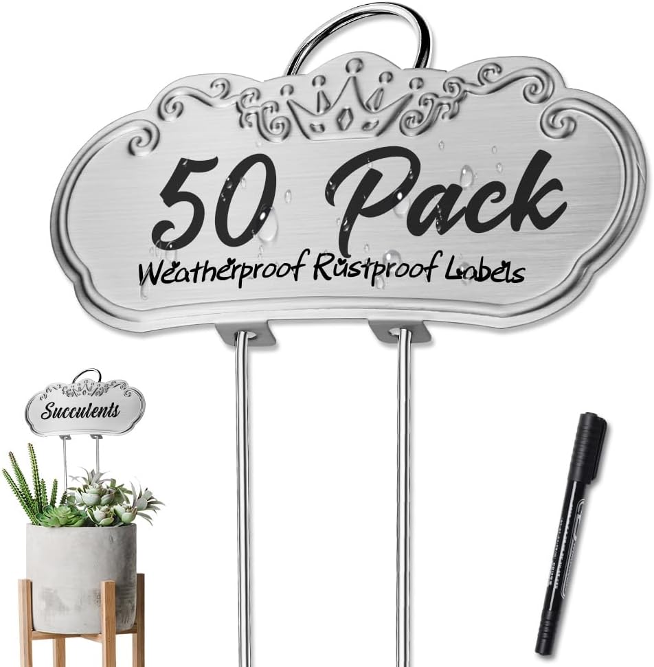 50 Packs Metal Plant Labels, Tall Outdoor Garden Markers for Flowers, Fruits and Vegetables, 304 Stainless Steel Weatherproof Signs (4" x 1.9", Silver)-VerdiqueGarden