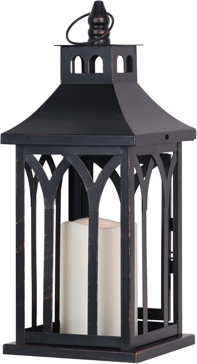 DECORKEY Decorations for Home, Decorative Led Candle Lantern Indoor Outdoor Decor, Metal Hanging Candle Holder with Xmas Teardrop Wreath and LED Candle for Table Centerpieces, Patio (Black)-VerdiqueGarden